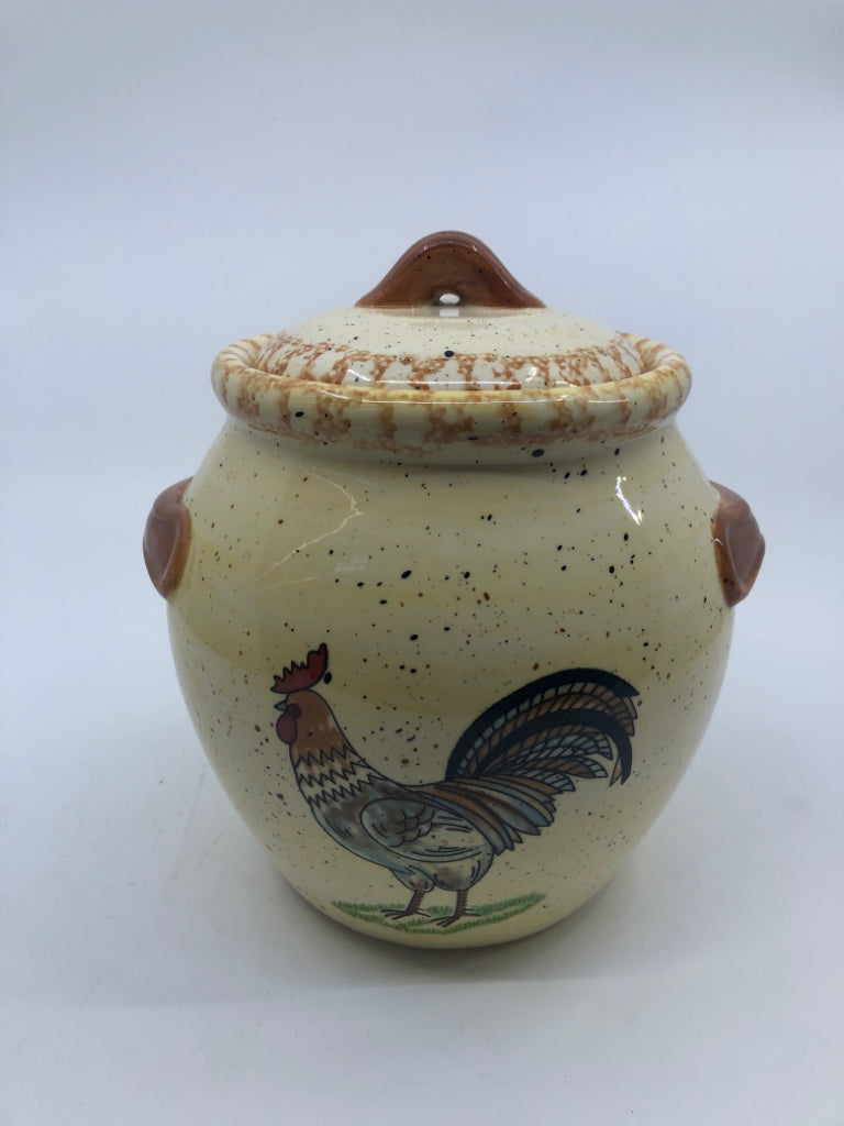 SPECKLED CANISTER W/ PAINTED ROOSTER.