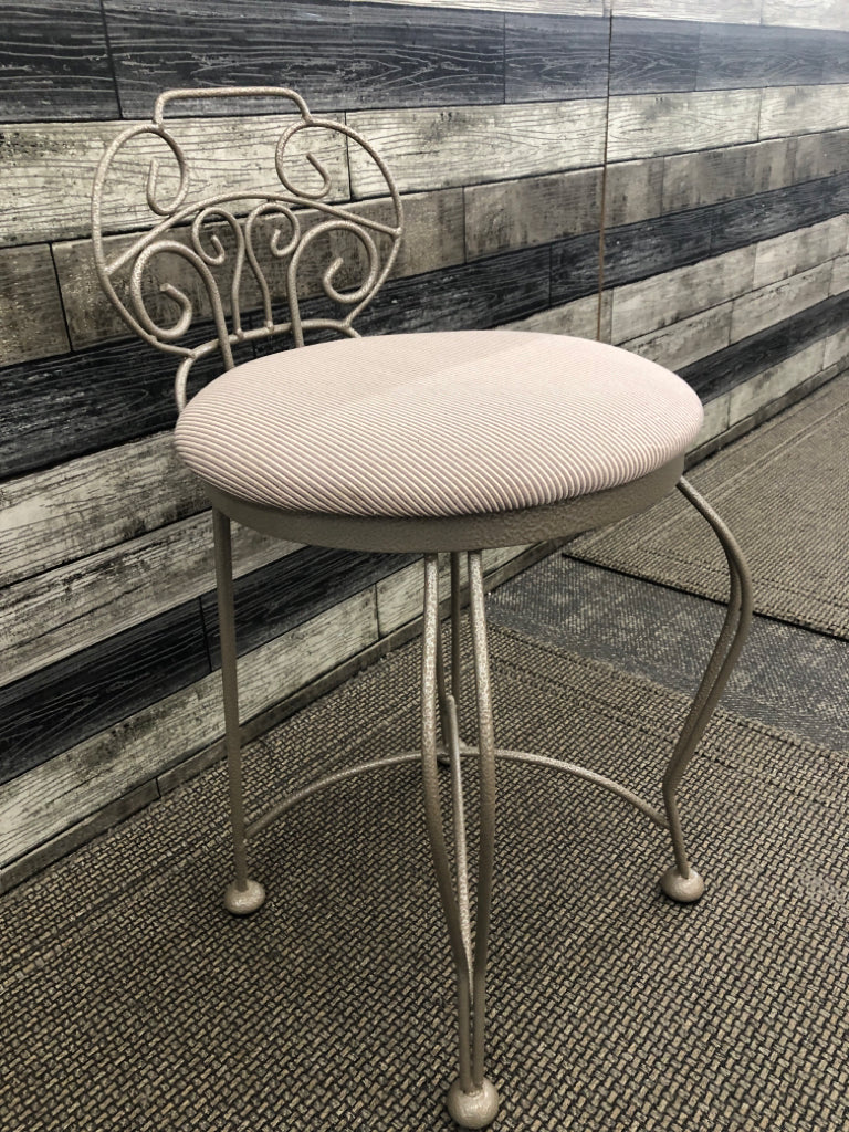 VTG METAL VANITY CHAIR W GREY STRIPED CUSHION.