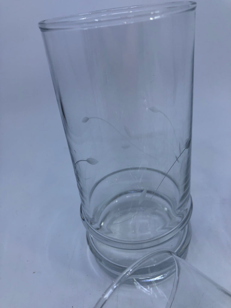 4 ETCHED GLASS TUMBLERS.