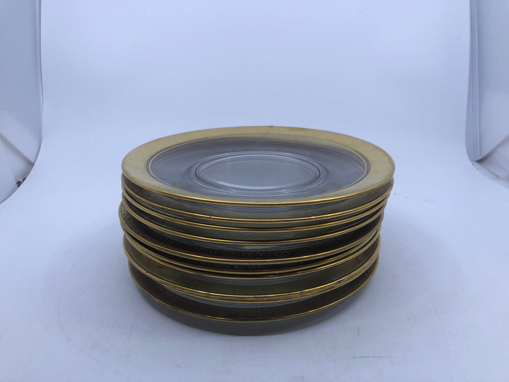 10 VTG DESSERT PLATES W GOLD ETCHED ROSE PATTERN RIM.