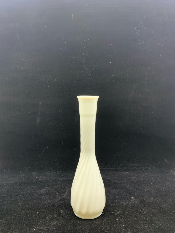 MILK GLASS VASE W/ SWIRL RIBBED / LONG NECK.