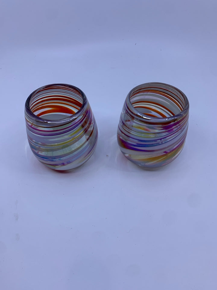 2 RED AND WHITE BLOWN GLASS WINE GLASSES.