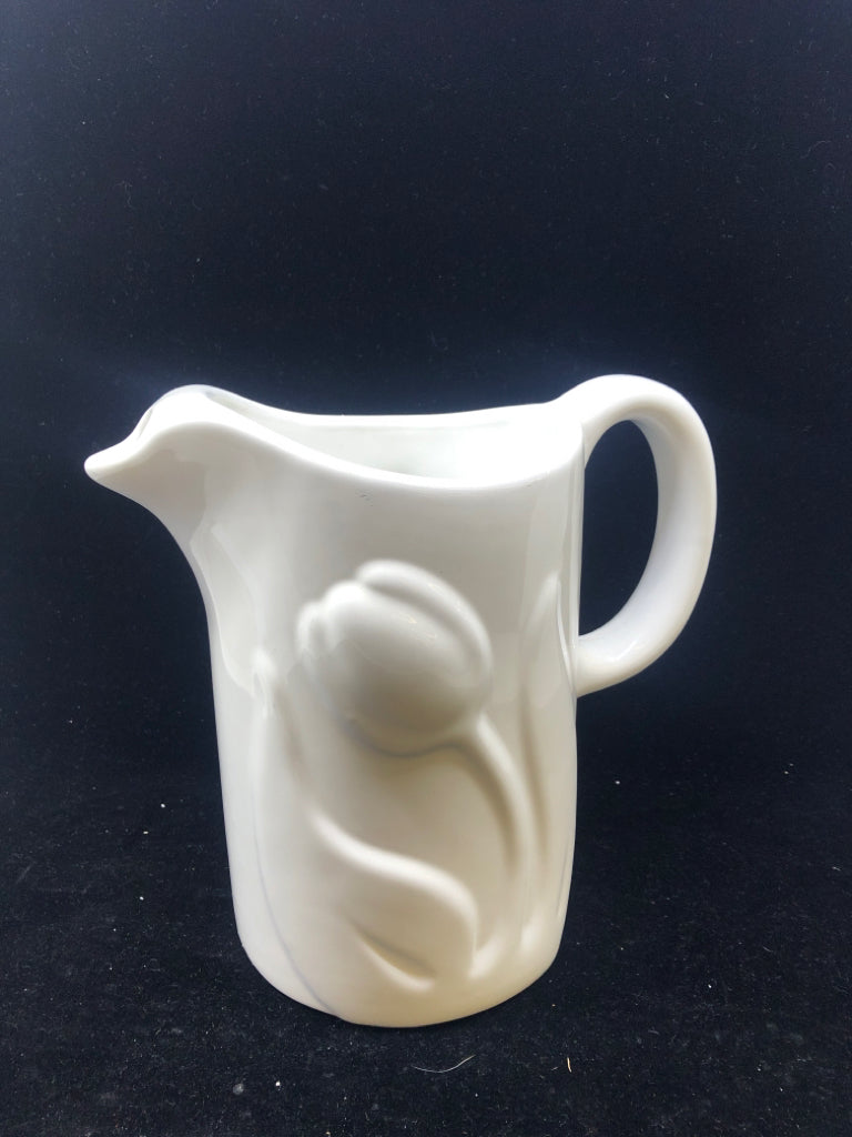 WHITE EMBOSSED TULIP PITCHER W ICE LIP.