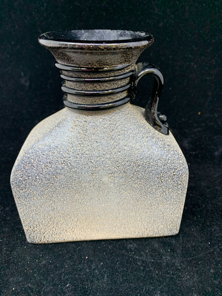 SQUARE BLACK GRAY GLASS VASE WITH HANDLE.
