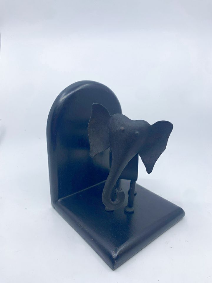 1-METAL AND WOOD BLACK ELEPHANT BOOK END.