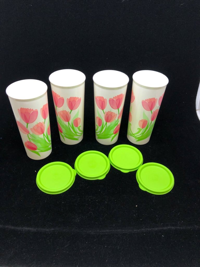 4 VTG PINK TULIP SEALED TUMBLERS - TUPPERWARE.