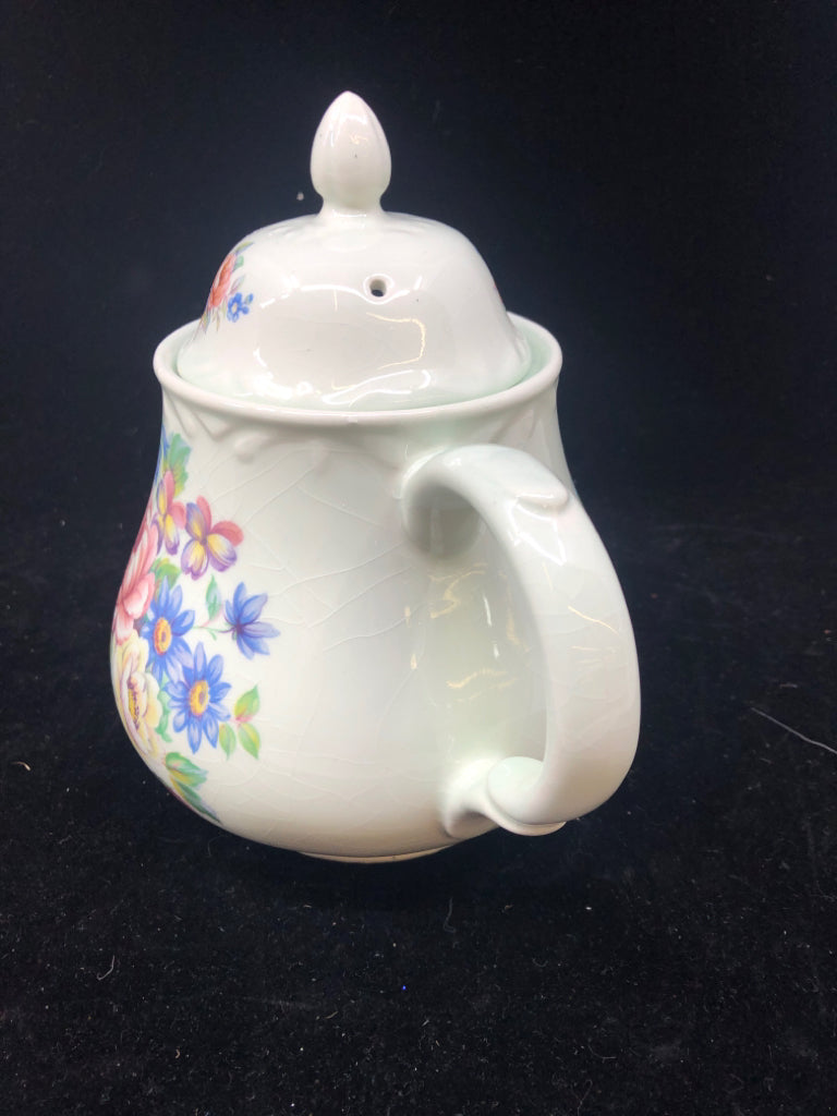 VTG PALE GREEN FLORAL TEAPOT.