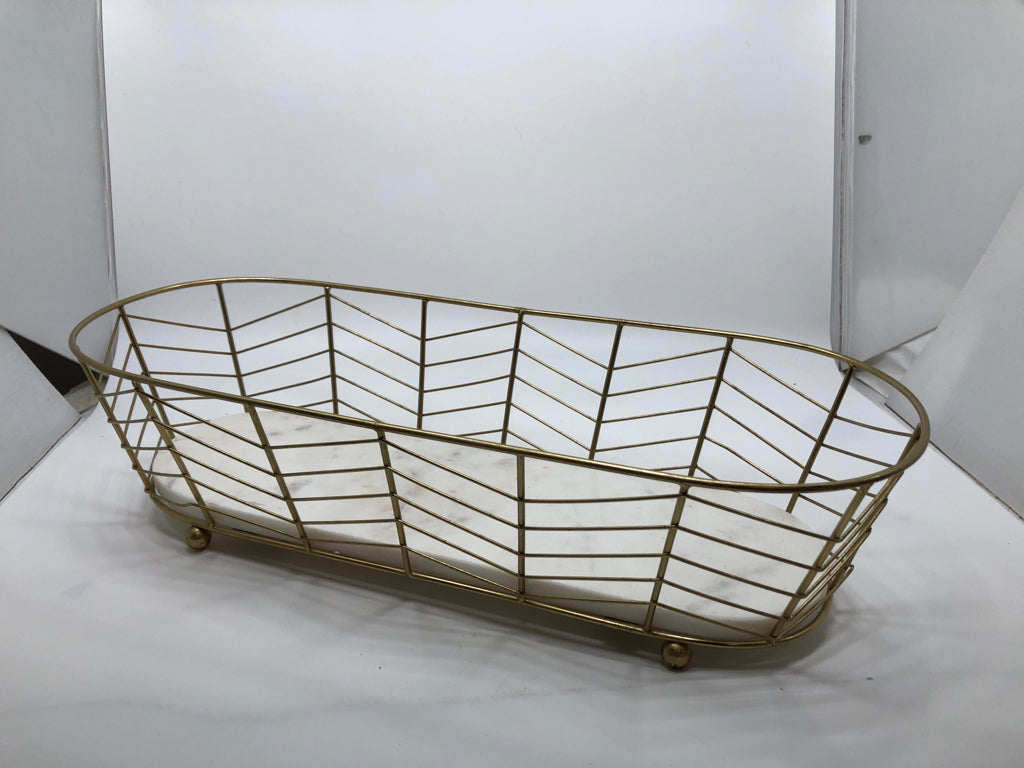 GOLD WIRE BASKET W/MARBLE BOTTOM.
