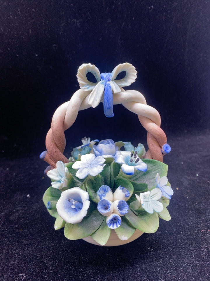 VTG BLUE EMBOSSED FLORAL BASKET.