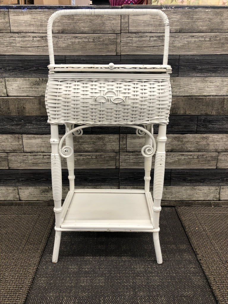 WHITE PAINTED WICKER SEWING BASKET 2 TIER W/ HANDLE.