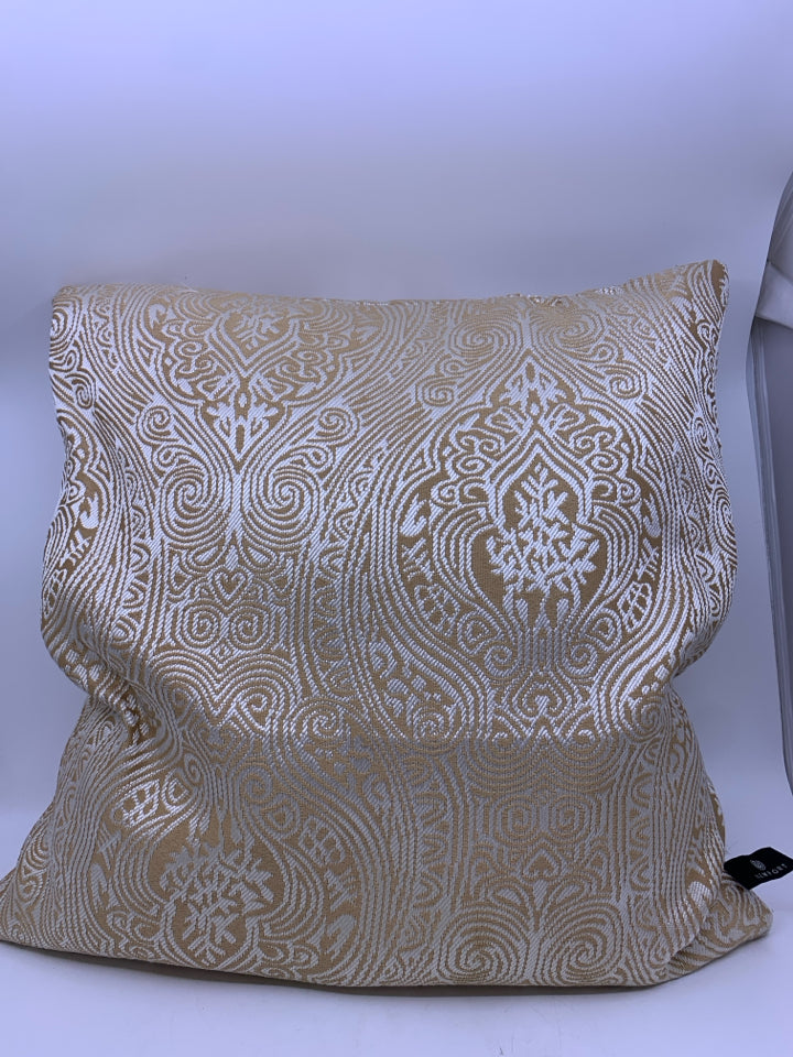 TAN WHITE SCROLL SQUARE PILLOW.