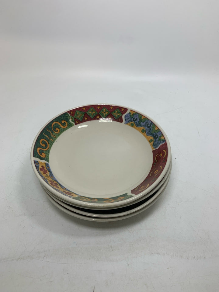 4 SHALLOW COLORFUL RIM BOWLS.