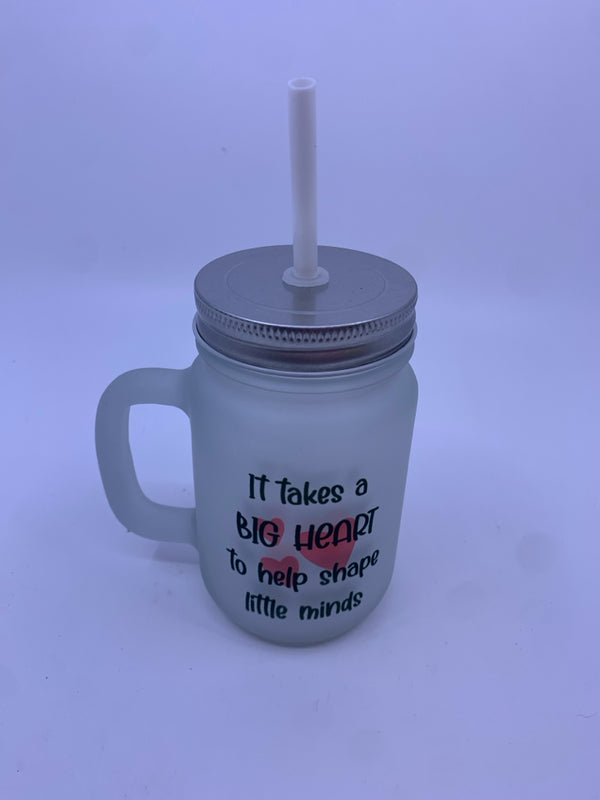 NIP "IT TAKES A" FROSTED MUG W/ STRAW AND LID.