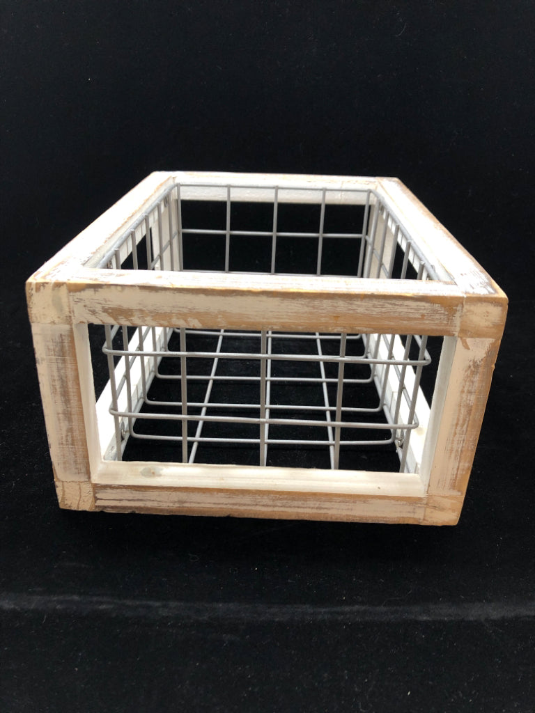 WOOD FRAME GREY METAL STORAGE BIN.