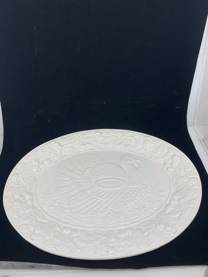 WHITE CERAMIC TURKEY PLATTER.