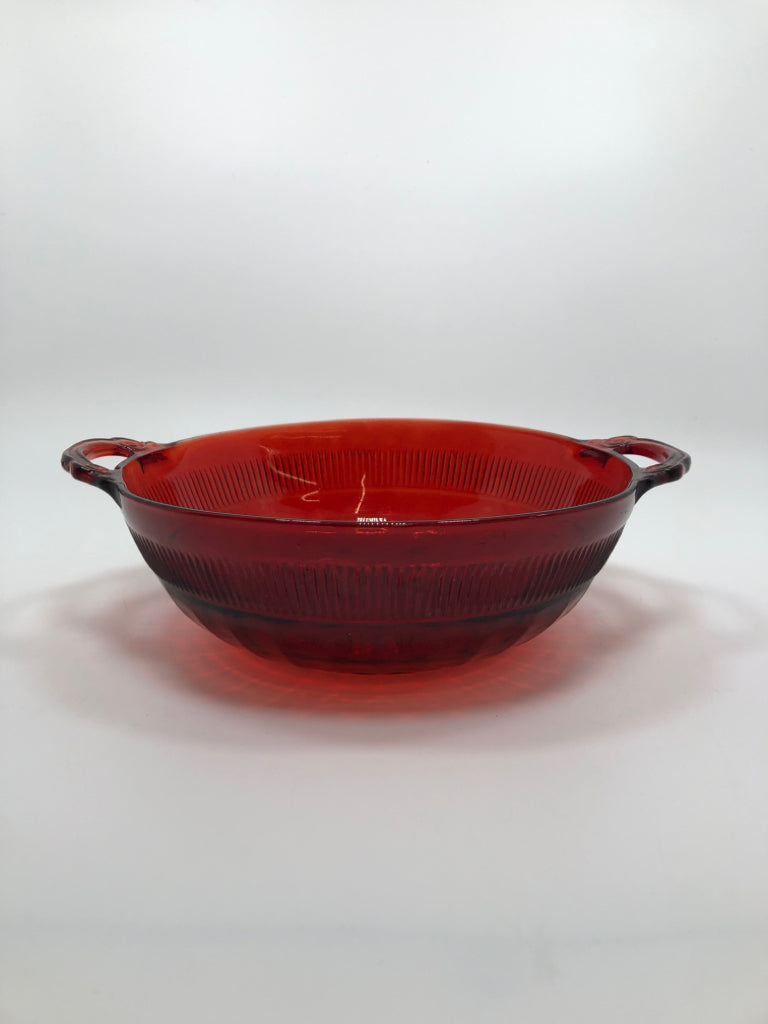 VTG RED GLASS BOWL W/HANDLES.