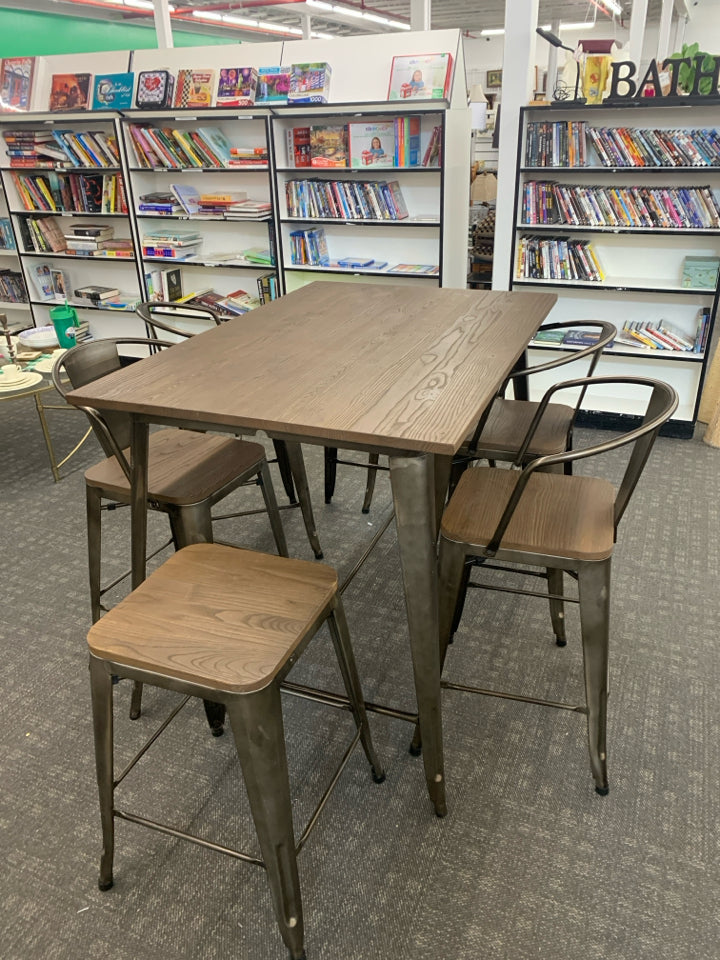 DARK BROWN WOOD TOP W/ METAL BASE 6 CHAIRS 4 BACKS 2 STOOLS.