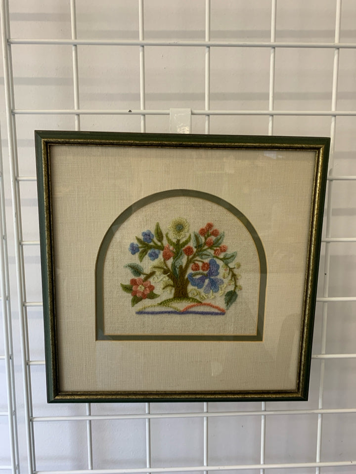 VTG NEEDLE POINT FLORAL WALL ART.