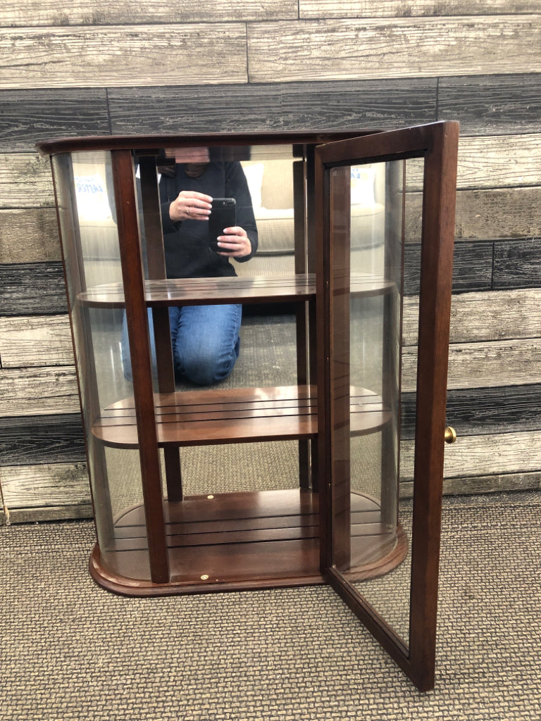 DARK CHERRY WOOD 3 SHELF WALL HANGING CURIO CABINET W GLASS DOOR.