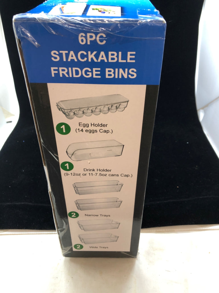 NIB 6PC STACKABLE FRIDGE BINS.
