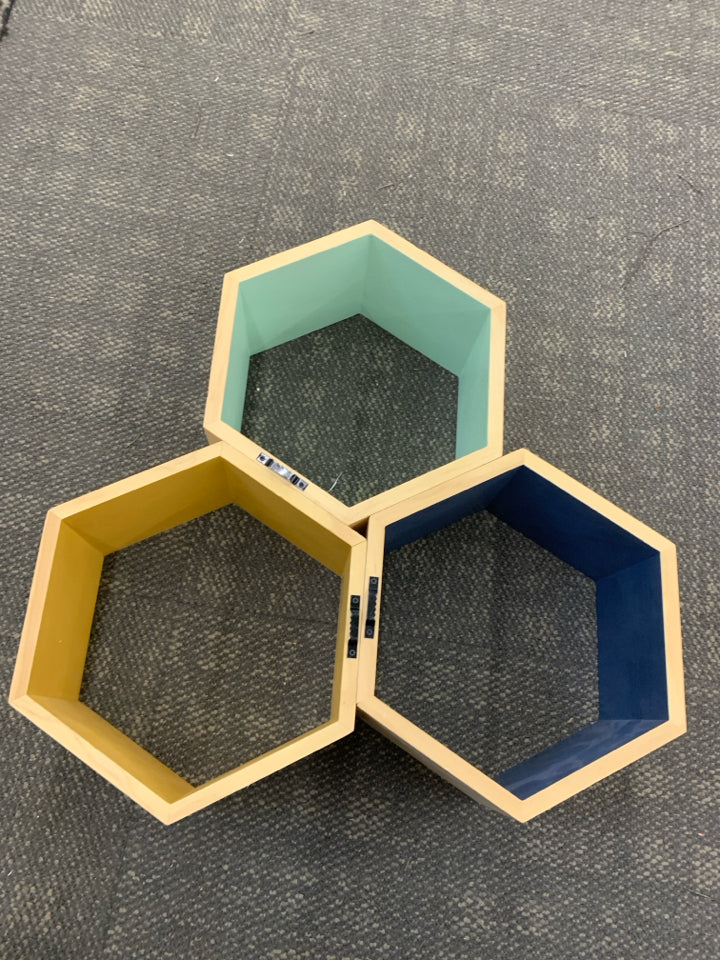3 COLORFUL HEXAGON WALL SHELVES.