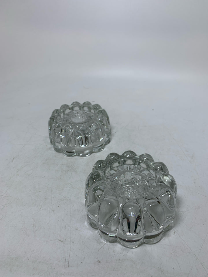 2 CLEAR GLASS TAPERED CANDLE HOLDERS ROUNDED EDGES.