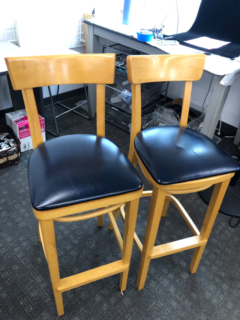 2 HIGH BACK BAR STOOLS W/FAUX BLUE LEATHER SEAT.