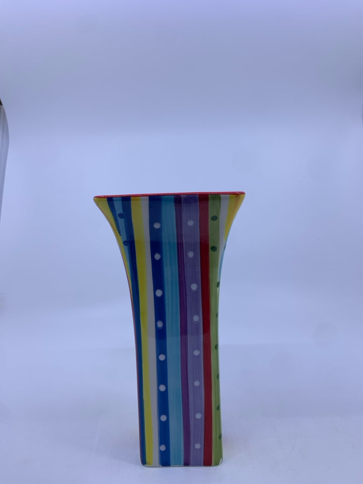 CERAMIC SQUARE VASE W/ COLORFUL STRIPES FLARED TOP.