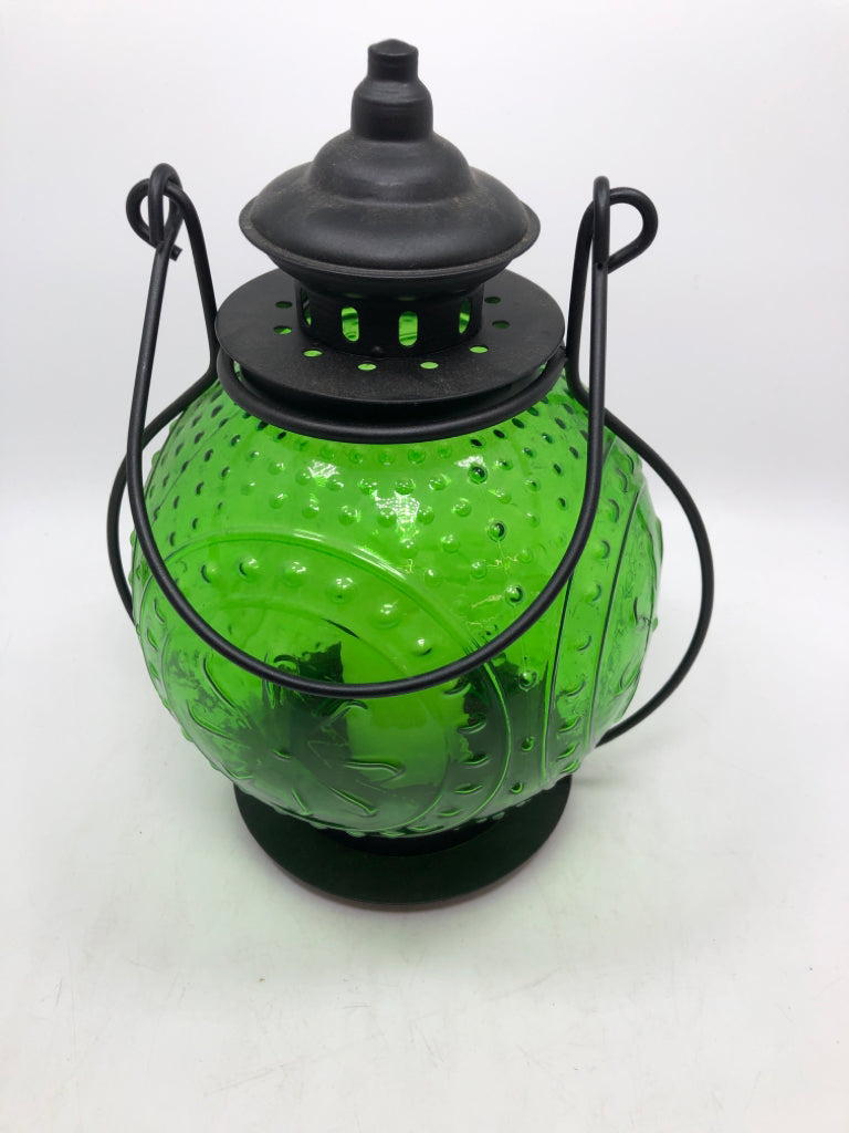 HOBNAIL GREEN GLASS CANDLE LANTERN W METAL HANDLE.