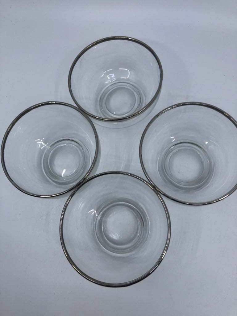 4 DESSERT GLASSES W SILVER RIM.