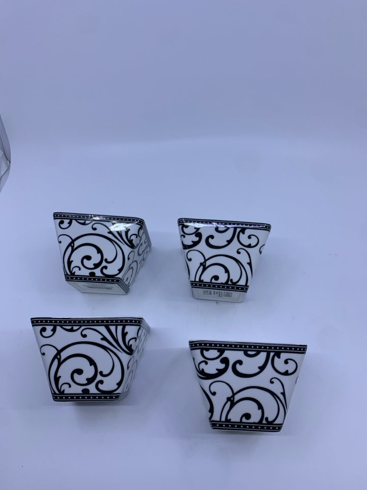 4 SMALL SQUARE BOWLS W/ BLACK SCROLL DESIGN.