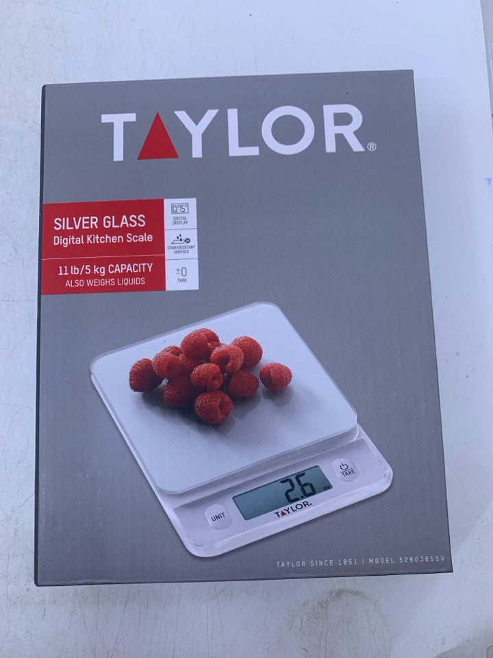 NIB TAYLOR SILVER GLASS DIGITAL KITCHEN SCALE.