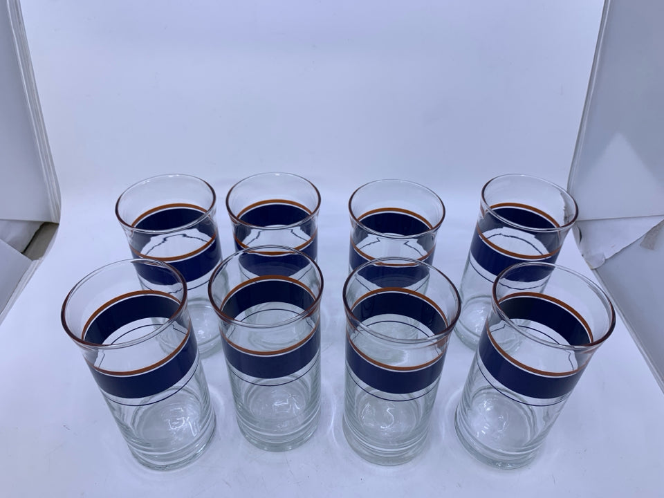 8 VTG NAVY STRIPE GLASS TUMBLERS.