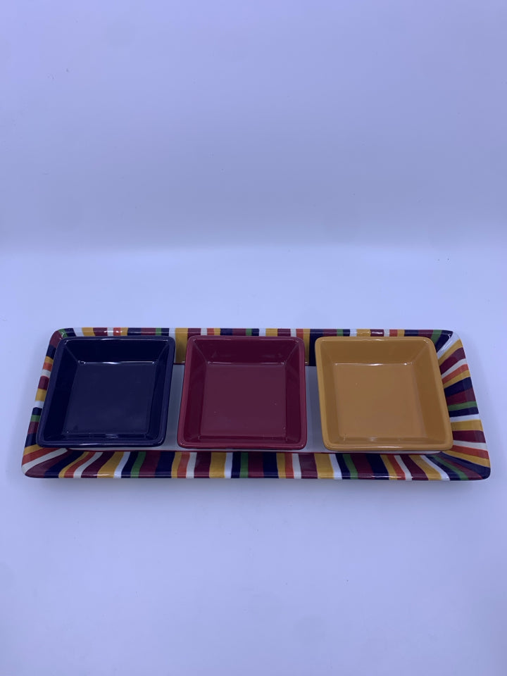 4 PC STRIPED TRAY+ BOWLS YELLOW,MAROON,PURPLE.