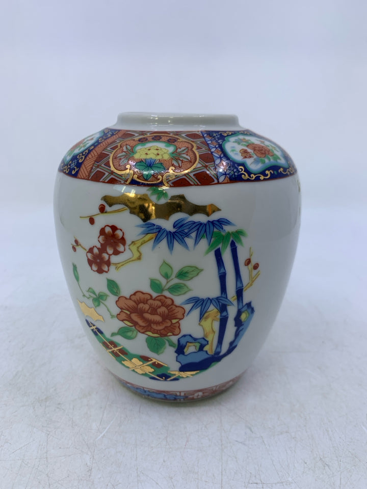 WHITE VASE W/ RED/DARK BLUE DETAILS & BIRDS.