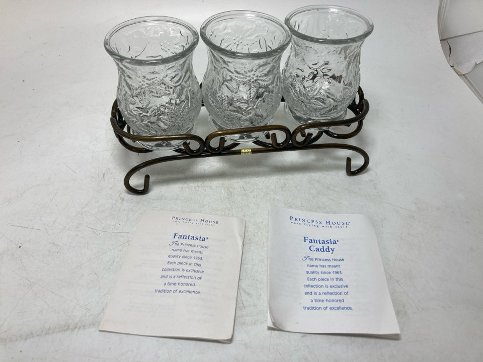 3 FANTASIA PRINCESS HOUSE TEA LIGHT HOLDERS IN STAND.