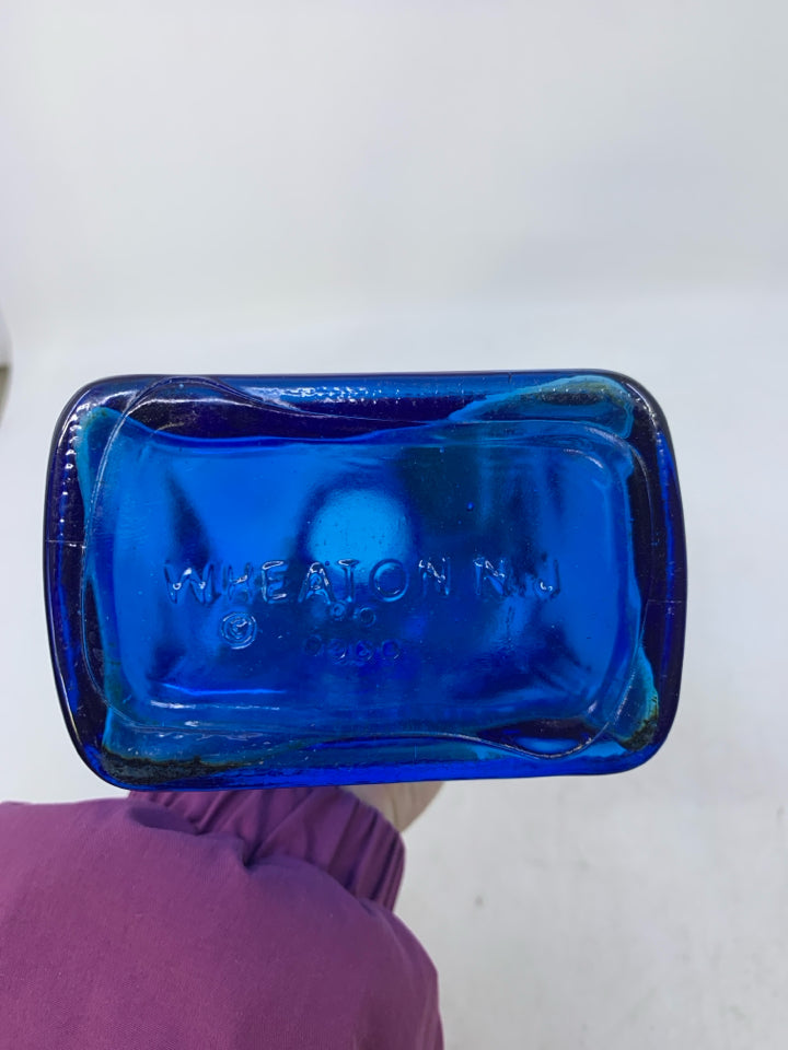VTG BLUE GLASS PAUL REVERE HOUSE SHAPED EMPTY BOTTLE.