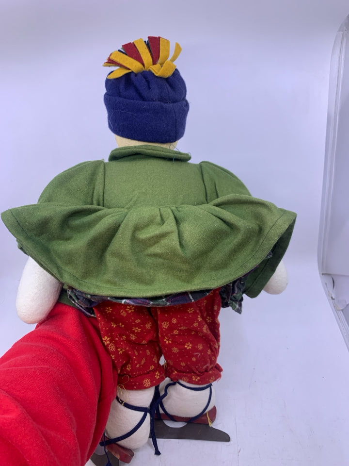 PRIMITIVE STYLE SNOWMAN W/ GREEN SHIRT ICE SKATES.