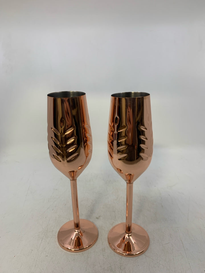 2 COPPER CHAMPAGNE GLASSES.