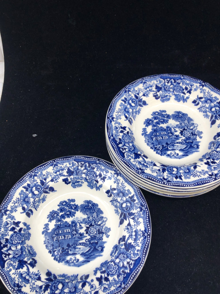 7 VTG BLUE/WHITE FLAT SOUP BOWLS.