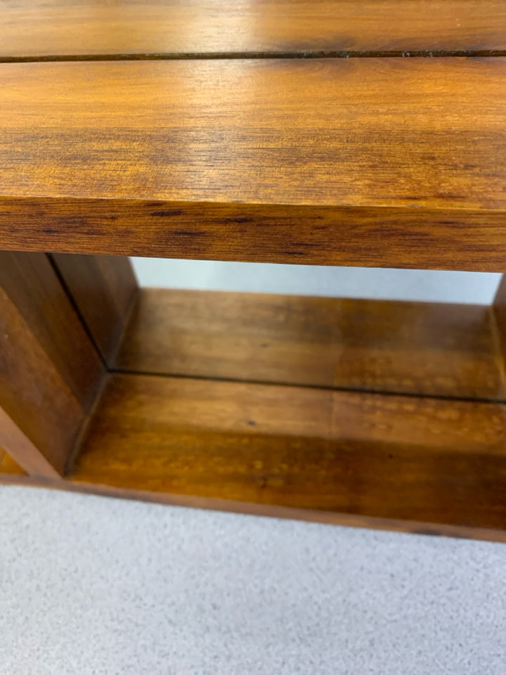BROWN WOODEN SHELVES & MIRROR WALL HANGING.