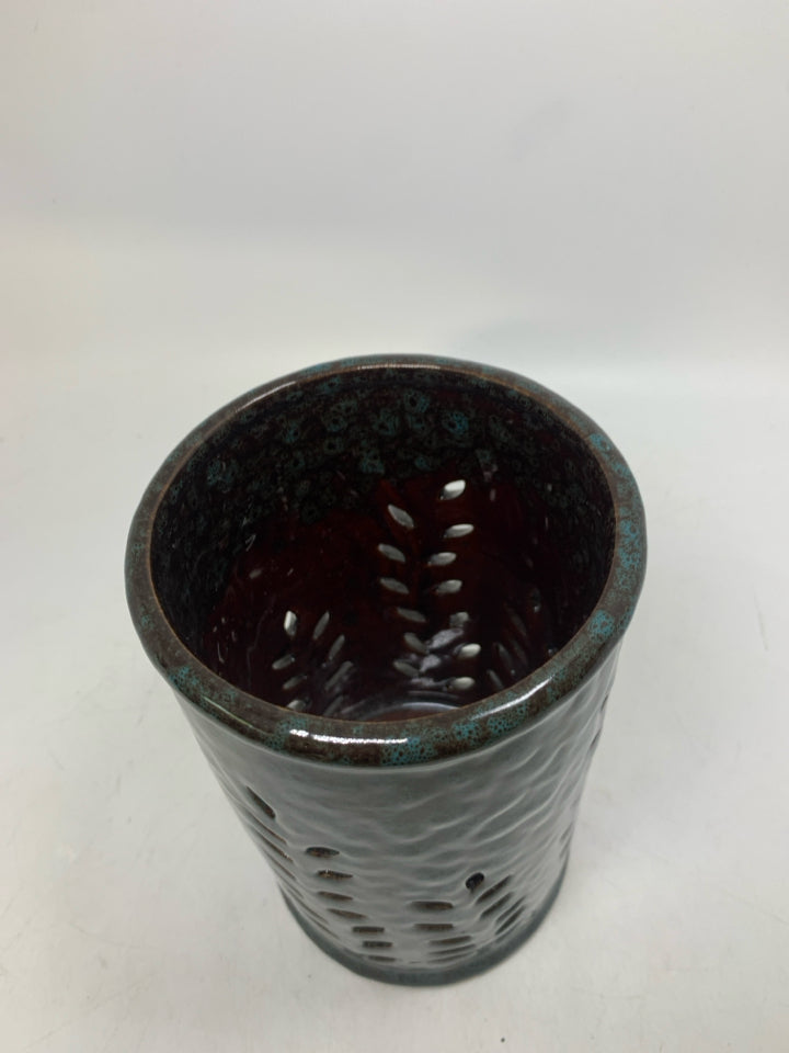 PIERCED CYLINDER TEAL SPECKS PILLAR CANDLE HOLDER.