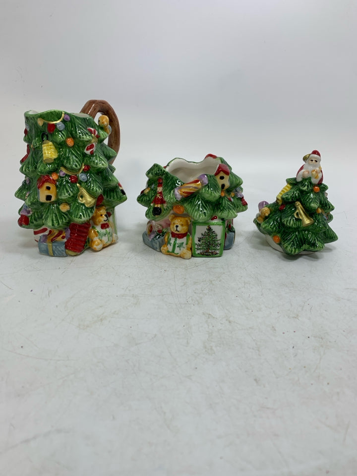 SPODE CHRISTMAS TREE FIGURAL CREAMER/SUGAR BOWL.