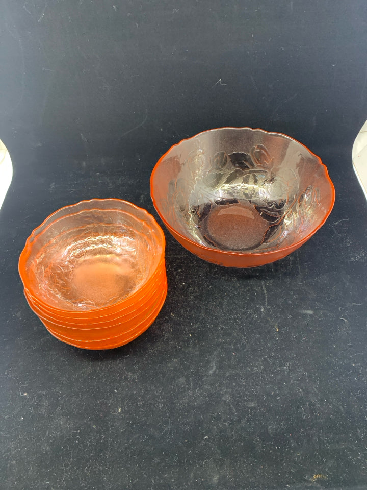 7 PC PINK GLASS SALAD BOWL SET W/ EMBOSSED ROSES.