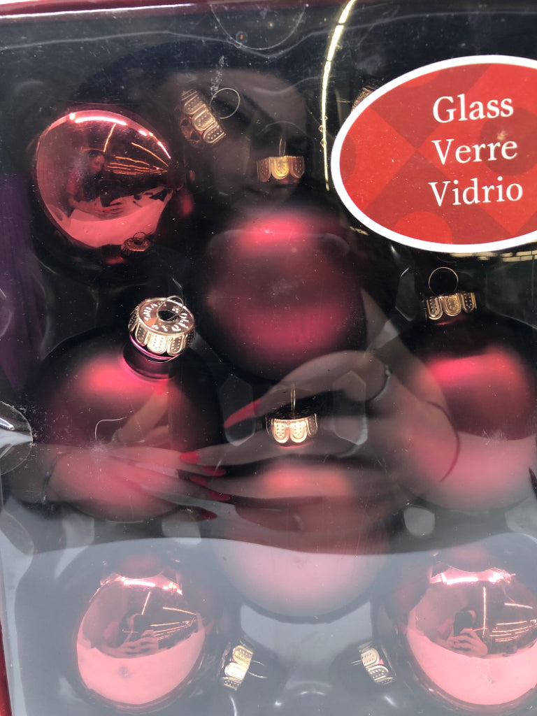 NIP 8 MAROON GLASS ORNAMENTS.