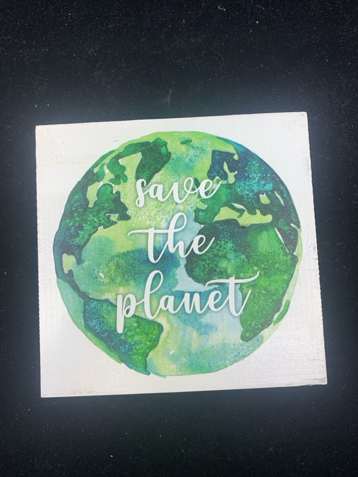 SAVE THE PLANET WHITE WOOD BLOCK.