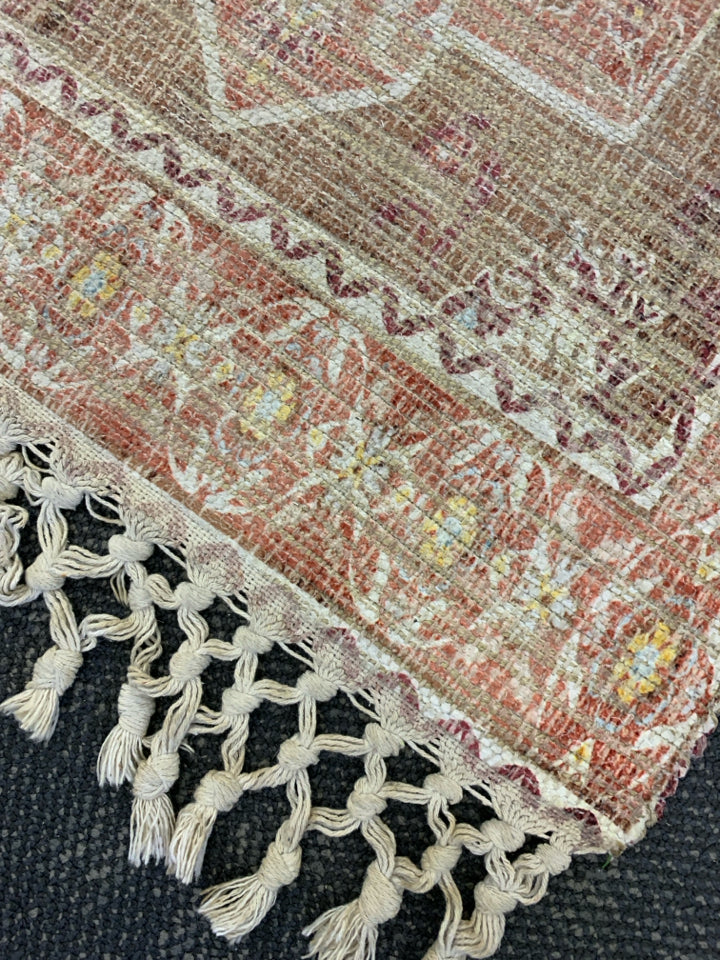 TAN AND RED MANDALA ACCENT RUG RUNNER.