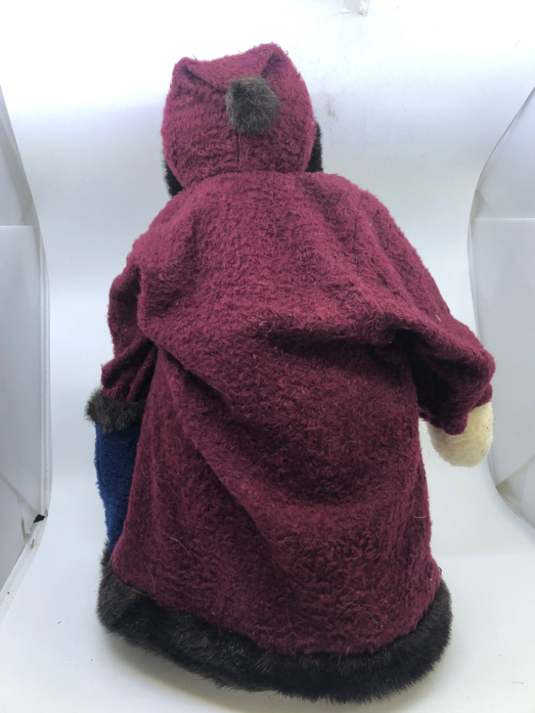 HEAVY SNOWMAN IN MAROON COAT W HEARTS AND STARS.