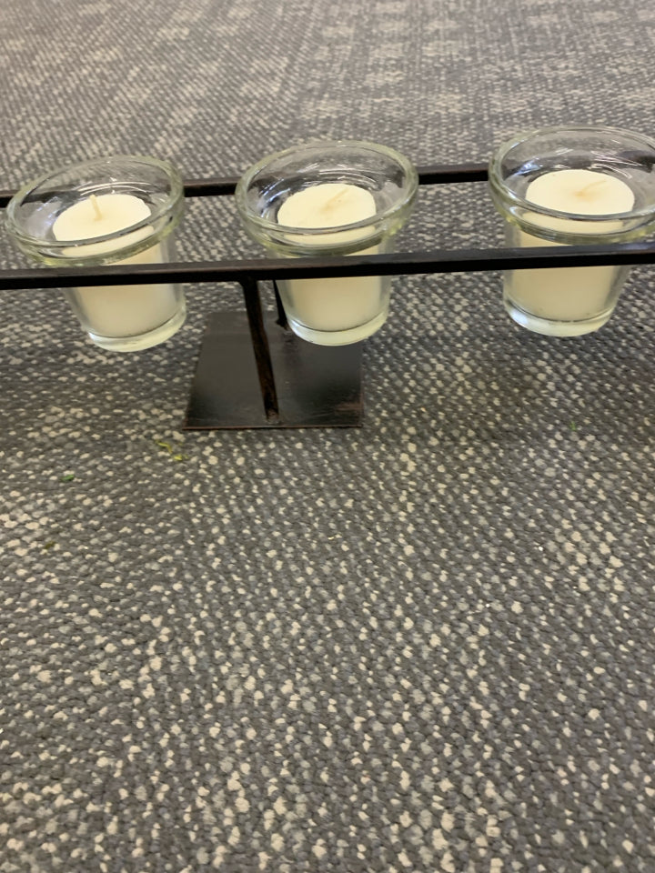 BROWN METAL CANDLE HOLDER W/VOTIVES & CANDLES.