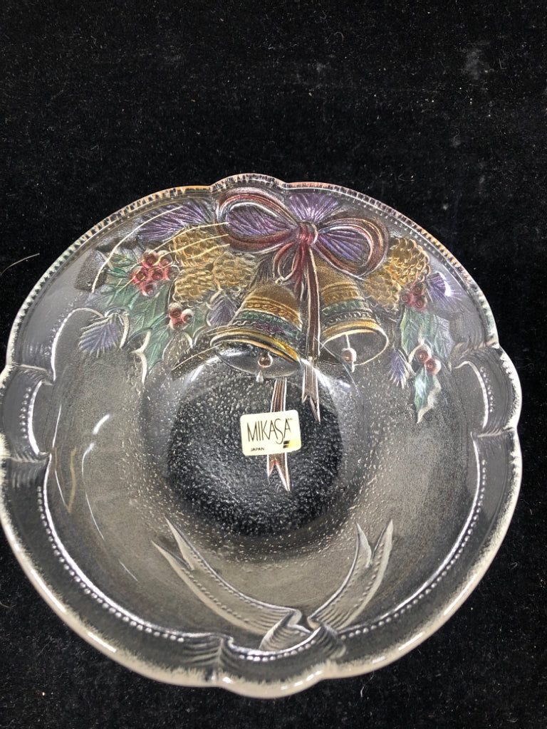 MIKASA CANDY BOWL W/ EMBOSSED COLORFUL BELLS.